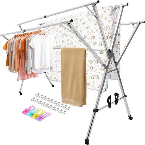 Estante de secado de ropa ajustable de 5 bares, soporte plegable de acero inoxidable con ruedas bloqueables, extensible de 59 a 94.5 pulgadas, para