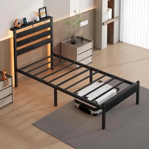 Miniatura 7 de CLIBFENG Base de cama tamaño individual con estación de carga USB, marco de cama LED con cabecera de almacenamiento de madera, cama de plataforma