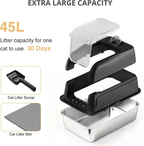 Miniatura 2 de Caja de arena para gatos de acero inoxidable con tapa, caja de arena grande XL cerrada para gatos de alta cara, caja de metal para gatos con tapa