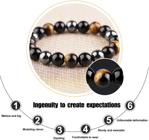 Miniatura 11 de HOZEAL Pulsera de triple protección, brazalete de obsidiana negra con ojo de tigre y hematita para hombres y mujeres, para traer suerte