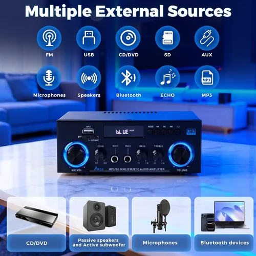 Miniatura 2 de Romicta AK50 Amplificador de audio estéreo, 400 W, sistema de amplificador de potencia Bluetooth 5.0 de 2 canales, amplificador de potencia
