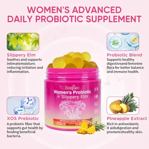 Miniatura 2 de Gomitas de probióticos femeninos con olmo resbaladizo – 60 gomitas de piña para mujeres ph equilibrio, probióticos vaginales que apoyan la flora