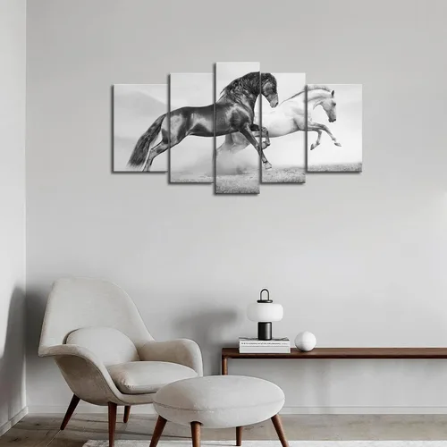 Miniatura 4 de Arte de pared de 5 paneles negro Friesian Running Horse Trot en el campo al atardecer, hierba y flores, cuadros impresos en lienzo animal la imagen