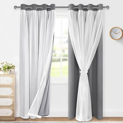 Miniatura 34 de XWZO Cortinas 100% opacas de doble capa para guardería, cortinas opacas con superposición transparente para dormitorio de niñas, cortinas