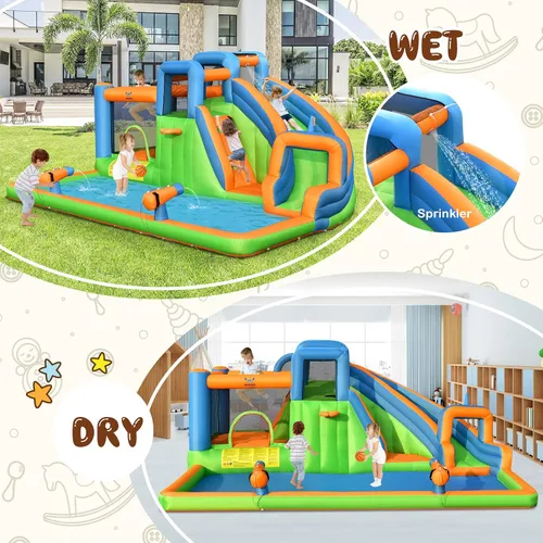 Miniatura 3 de HONEY JOY Tobogán acuático inflable, parque acuático gigante 7 en 1, casa de rebote para patio trasero al aire libre con soplador de 735 W, piscina