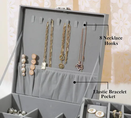 Miniatura 4 de misaya - Joyero organizador de 2 capas grande con cerradura para joyería para aretes anillos y collares