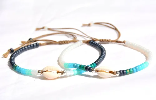 Miniatura 4 de Tobillera de concha para mujeres, pulsera de tobillo con cuentas de concha cowrie natural ajustable e impermeable, cuentas azul turquesa aqua