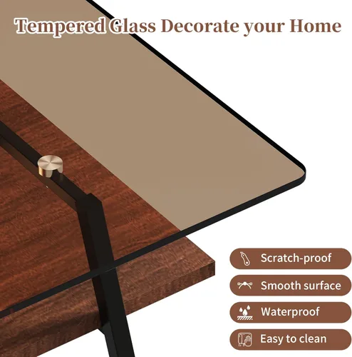 Miniatura 7 de Mesa de centro de cristal para sala de estar, mesa de centro de 2 niveles de mediados de siglo, mesa central con parte superior de vidrio templado