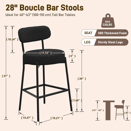 Miniatura 2 de Boucle - Juego de 2 taburetes de bar de altura de mostrador de 28 pulgadas, taburetes de bar modernos con asiento redondo de 4 pulgadas de grosor