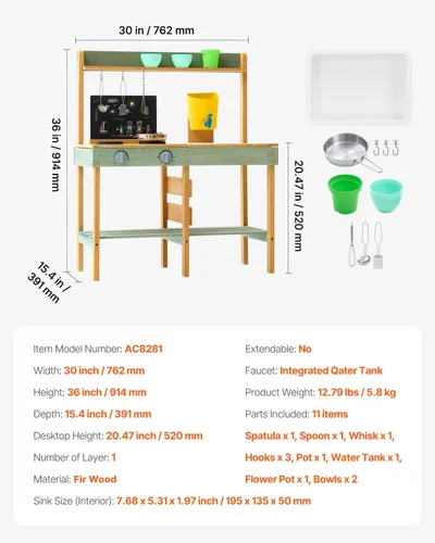 Miniatura 7 de VEVOR Cocina de juego de madera, cocina de barro al aire libre para niños, juego de cocina para niños pequeños, juego de cocina para niños