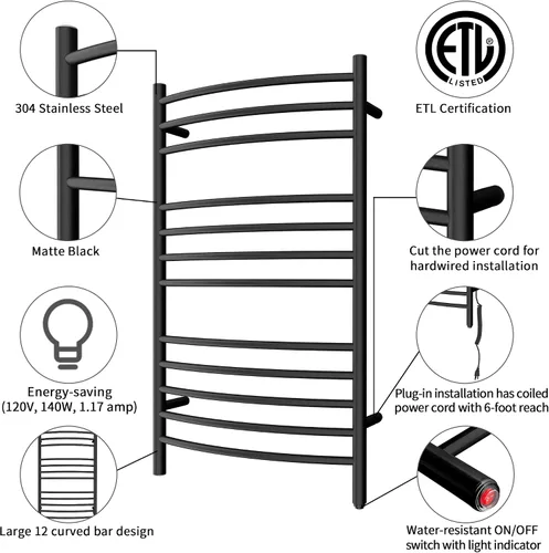 Miniatura 2 de HEATGENE - Calentador de toallas de montaje en pared, enchufe/cableado eléctrico, estante de toallas calentado, 4 soportes, negro mate