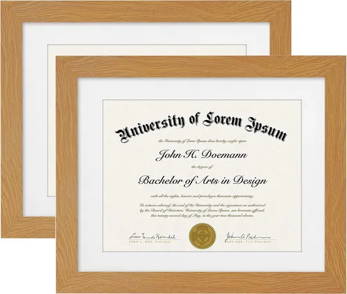 Americanflat Marco de diploma de 11 x 14 pulgadas con vidrio inastillable, juego de 2 unidades, para uso como marco de 8.5 x 11 pulgadas con Roble