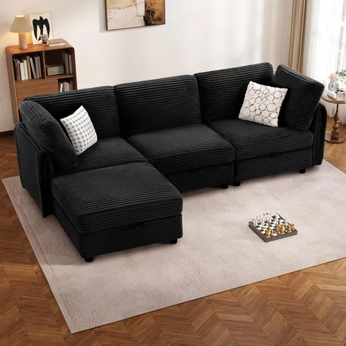 Miniatura 15 de KKL Sofá Seccional Modular en Forma de U de 6 Plazas con Otomana de Almacenamiento, Sofá Convertible en Forma de L de Pana de Felpa de Pana Ancha