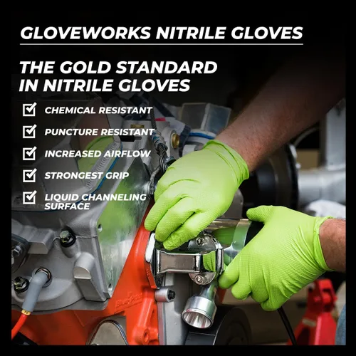 Miniatura 6 de GLOVEWORKS Guantes verdes de HD, guante mecánico de agarre de diamante elevado resistente desechable de nitrilo de 8 mil, opciones de compra a granel