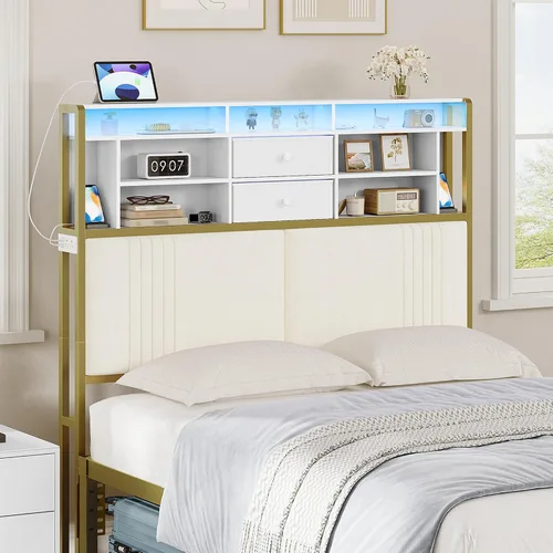 Miniatura 11 de Hzuaneri Cabecera con estantes de almacenamiento de 3 niveles, cabecera tapizada de terciopelo con tomacorriente, 2 puertos USB y luz LED, cabeceros