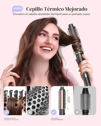 Miniatura 6 de Lopeie Rizador 5 en 1 con cepillo térmico y 4 barriles de cerámica intercambiables (1/2 a 1 1/2 pulgadas), juego de varita rizadora con plancha