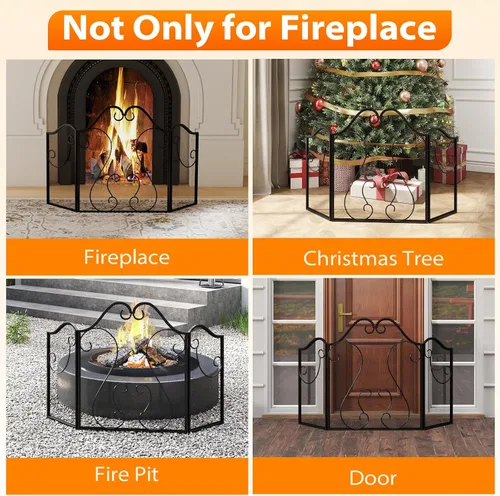 Miniatura 9 de Tangkula Pantalla de chimenea de 3 paneles, cubierta plegable de protección contra chispas con pergamino decorativo, puerta de chimenea