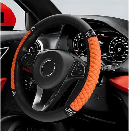 Miniatura 7 de Funda para volante de coche brillante, protector de volante de 15 pulgadas con diamantes de imitación de cuero suave, fundas de volante auto