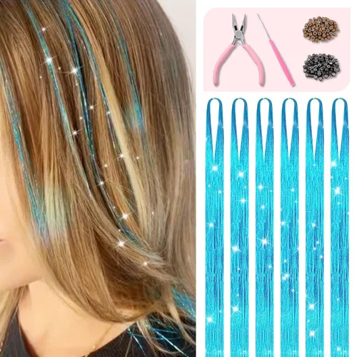 Miniatura 8 de Kit de oropel de cabello arcoíris con herramientas e instrucciones, fácil de usar, 1200 mechones, 48 pulgadas, extensiones de cabello con purpurina