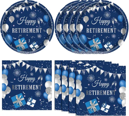Miniatura 17 de Juego de 40 piezas de vajilla desechable para fiestas de jubilación para hombres y mujeres, color negro y plateado, incluye platos de jubilación
