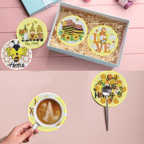 Miniatura 7 de TDOOW Posavasos de arte de diamante, 8 piezas de posavasos de pintura de diamante, kit de arte de diamantes de abeja para adultos, regalo
