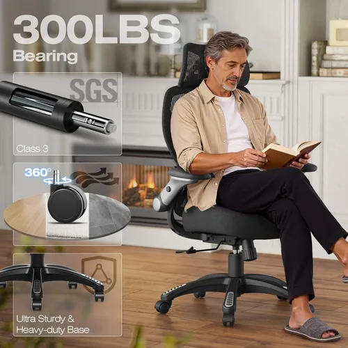 Miniatura 7 de ELABEST X100 Silla de oficina ergonómica de malla, silla grande y alta para el hogar con brazos plegables 5D, soporte lumbar ajustable 3D, sillas