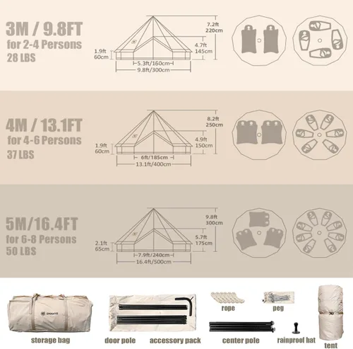 Miniatura 7 de Tienda de campaña Bell Yurt con gato de estufa, tienda de campaña de lujo impermeable para 4 estaciones, tela Oxford 420D, tiendas de campaña verde