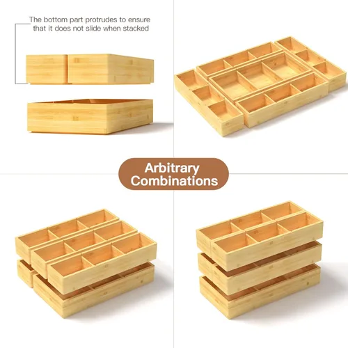 Miniatura 3 de DUJEN 5 piezas Organizador de cajones de bambú ajustable, organizador de 3 cajones individuales para basura para baño y cocina, cajas organizadoras