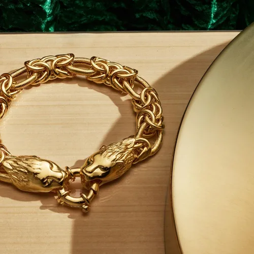Miniatura 3 de Ross-Simons Pulsera italiana de oro de 24 quilates con doble cabeza de león bizantino, Plata de ley, no conocido