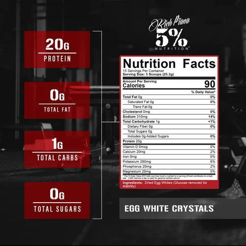 Miniatura 2 de Rich Piana 5% Nutrition - Cristales de clara de huevo Proteína en polvo de clara de huevo 100% pura 0.71 oz de proteína Se mezcla y almacena