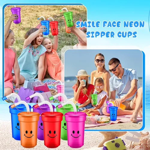 Miniatura 6 de Mumufy Vasos de neón de 12 onzas para niños, vasos de plástico coloridos de neón reutilizables para verano, suministros de cumpleaños para niños