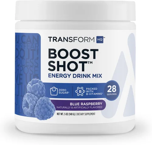 TransformHQ Energy & Focus Powder (frambuesa azul) - Mezcla de bebida energética Boost Shot Clean - Sin azúcar - Sin OMG, sin gluten - 28 porciones