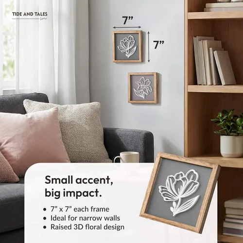 Miniatura 2 de Tide and Tales Arte de pared floral botánico 3D (juego de 2 marcos) listo para colgar, decoración bohemia ligera para paredes, decoraciones Naturales