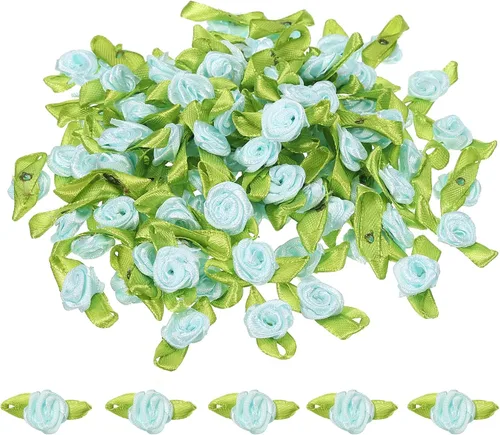 Miniatura 10 de PATIKIL Mini rosas de cinta, 200 unidades, pequeñas flores de tela de satén con adornos de hojas verdes, rosetas para manualidades, costura, boda