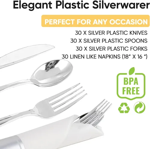 Miniatura 3 de Paquete de 30 cubiertos de plástico plateado preenrollados, juego de cubiertos desechables, 30 tenedores, 30 cucharas, 30 cuchillos, 30 servilletas