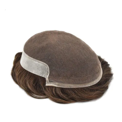 Miniatura 9 de Pelo humano para hombre Toupee French Lace Front Natural Hairline postizos de color marrón medio sistema de reemplazo de cabello virginal