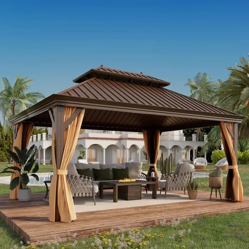 Cenador de techo rígido de 12'x16', Cenador de patio de aluminio para exteriores con toldo de acero galvanizado de doble techo con malla y cortinas,