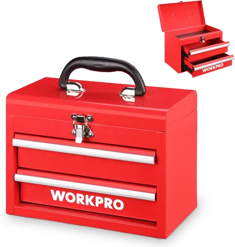 WORKPRO Caja de herramientas portátil mini, caja de herramientas metálica con 2 cajones y rodamientos de bolas, almacenamiento superior con cierre,