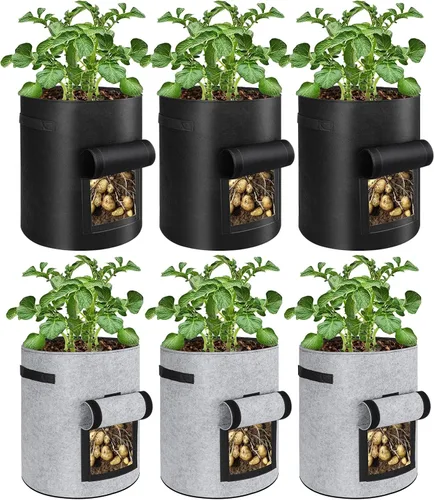 Miniatura 10 de Paquete de 6 bolsas de cultivo de papas, bolsas de plantación de 10 galones, macetas grandes de tela con ventana de solapa, maceta de jardín, Negro