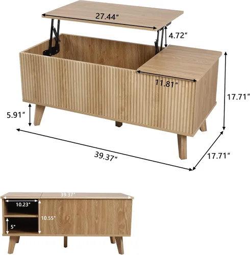 Miniatura 3 de Mesa auxiliar bohemia con tapa elevable con almacenamiento para sala de estar, dormitorio, mesa auxiliar rectangular baja acanalada con cajones