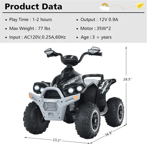 Miniatura 7 de INFANS vehículo para niños Ride on ATV, vehículo de juguete de 4 ruedas de 12 V con música, bocina, velocidades alta y baja, luces LED, vehículo