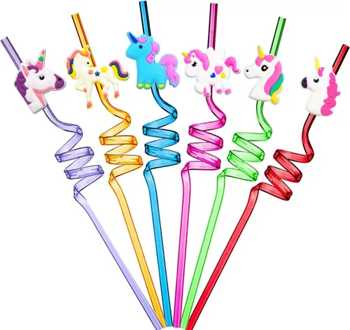 ULIFEMALL - Pajitas decorativas de cumpleaños de unicornio, pajitas reutilizables de plástico curvadas de colores, suministros de fiesta para
