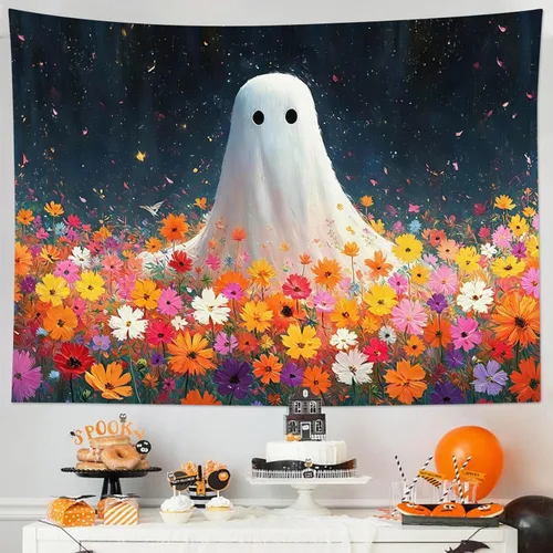 Miniatura 13 de HVEST Tapiz de Halloween para colgar en la pared, esqueleto de terror, cráneo, cementerio, calabaza, farol, bosque muerto, tapiz nocturno