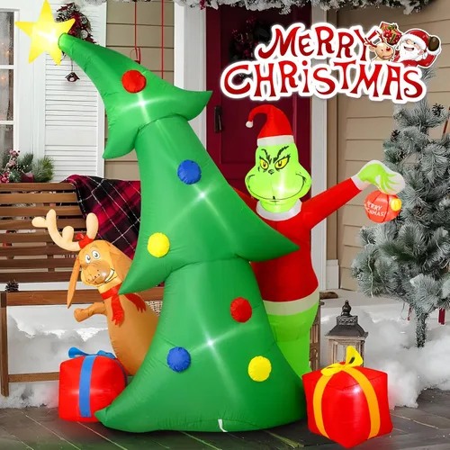 Miniatura 4 de Hioasis Decoración inflable de Navidad para exteriores de 9 pies, árbol con monstruo verde de Navidad, perro y cajas de regalo con luces LED
