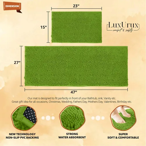 Miniatura 2 de LuxUrux Juego de 2 tapetes de baño de felpa extrasuave, material de microfibra de felpilla de 1 pulgada, color verde súper absorbente