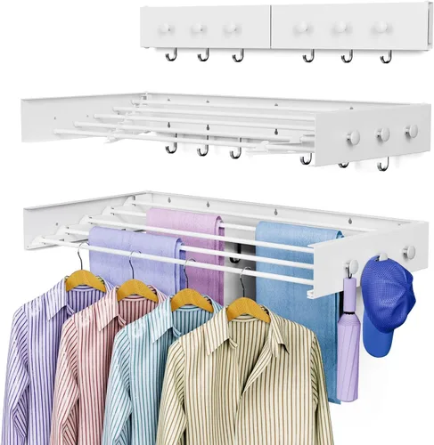 Tendedero de secado para ropa, montaje en pared, plegable, plegable, capacidad de 60 libras, 5 postes de aluminio con 6 ganchos (blanco, 31 pulgadas
