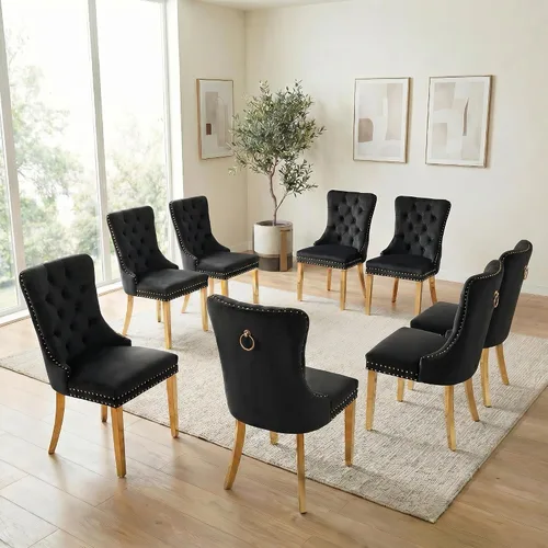 Miniatura 52 de Juego de 6 sillas de comedor de terciopelo, sillas tapizadas con respaldo alto capitoné con ribete de cabeza de clavo y anillo de tracción, patas
