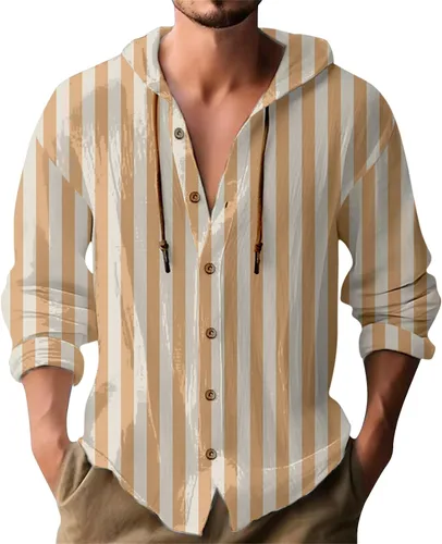 Miniatura 22 de Camisas de manga larga con botones para hombre, camisa con capucha a rayas verticales, casual, para vacaciones, verano, ligera, con cordón Z21