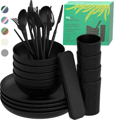 Juego de vajilla de paja de trigo para 4 personas – Alternativa a los platos de plástico negro – Juego de platos y cuencos aptos para lavavajillas y