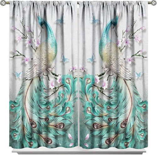 Miniatura 17 de Cortina opaca con estampado de pavo real, con estampado de animales retro, con bolsillo para cortinero y flores de peonía doradas, para dormitorio